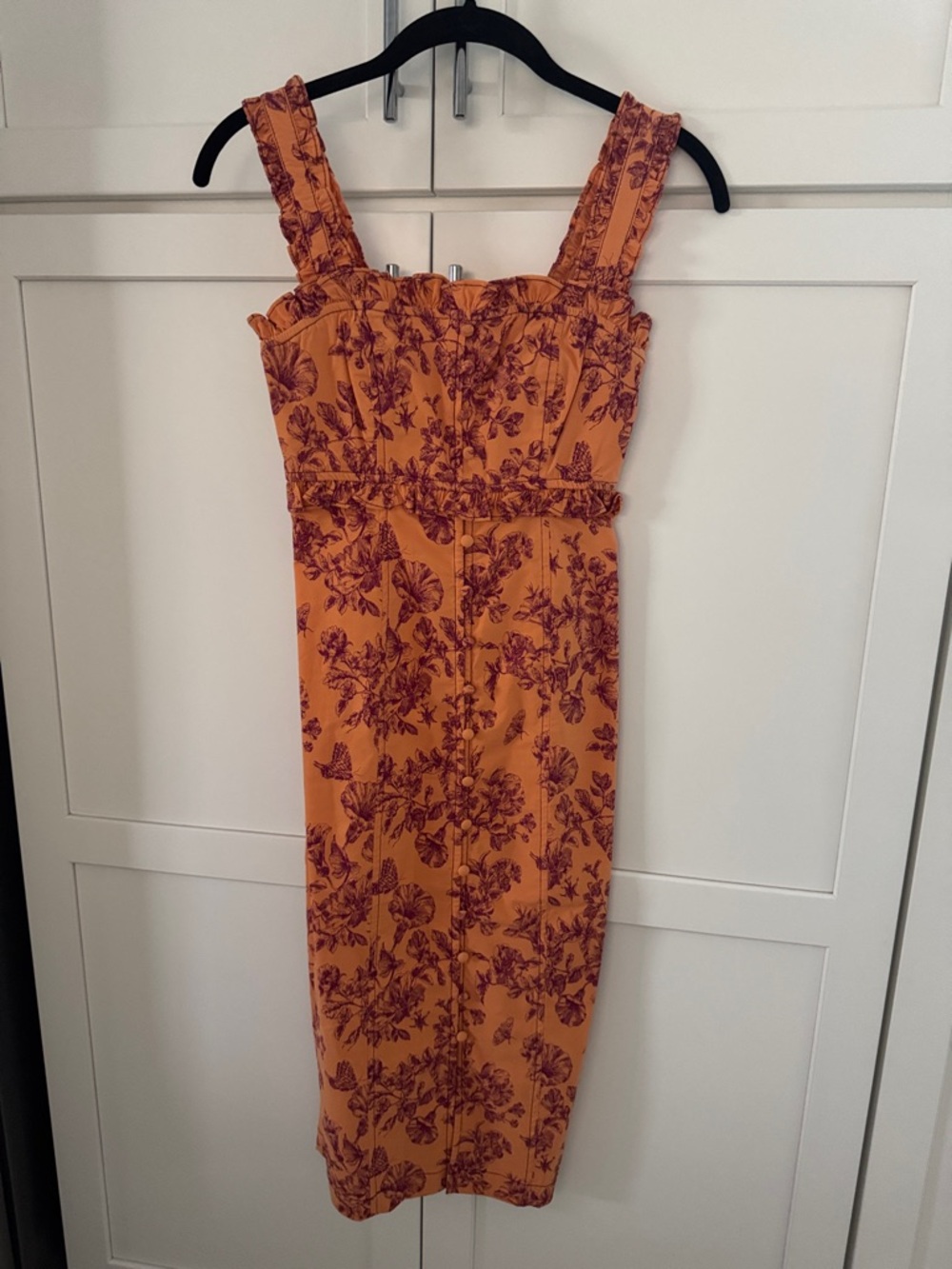Anthropologie Mustard Midi Dress with Burgundy Floral Print
